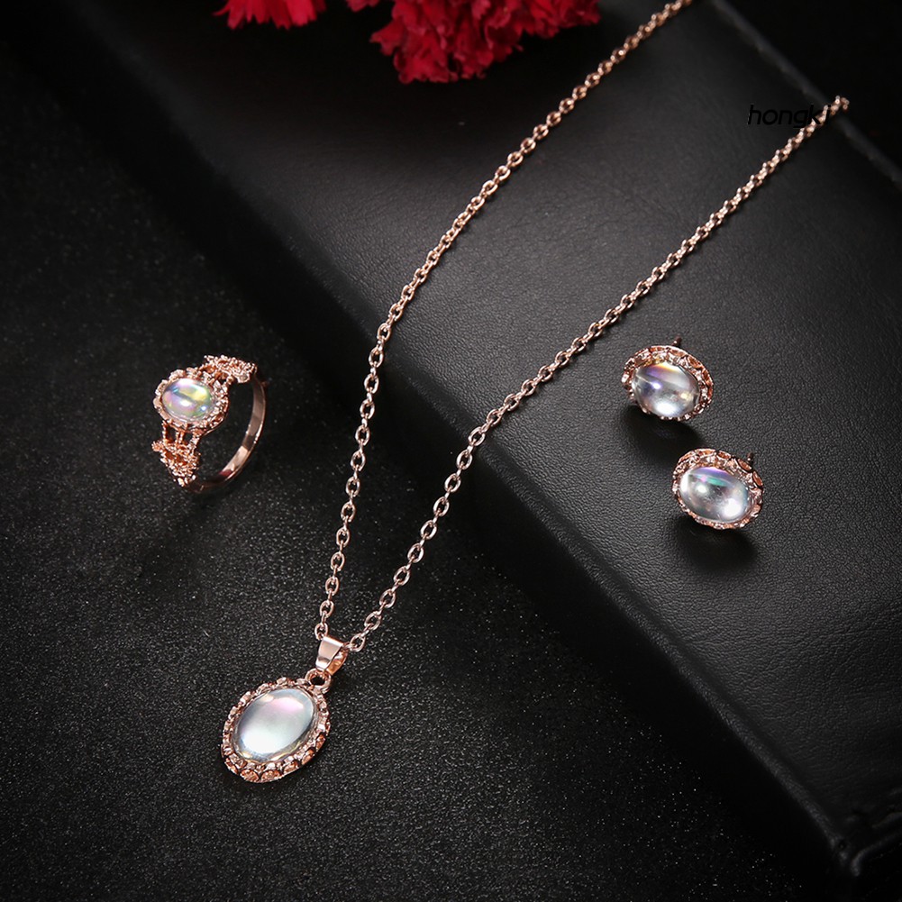 Bộ Trang Sức Nhẫn+Vòng Cổ+Bông Tai Hợp Kim Đính Đá Opal Nhân Tạo Hình Oval Sang Trọng