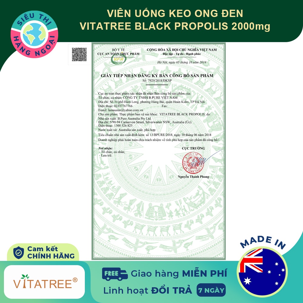 Viên uống tăng cường hệ miễn dịch keo ong đen Vitatree Black Propolis 2000 - Hộp 365 viên