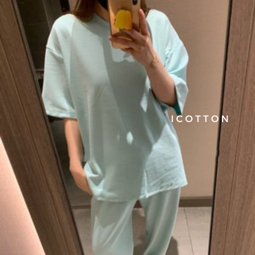 Bộ đồ mặc nhà ICOTON set áo cộc quần bo chun vải da cá 100% cotton cao cấp