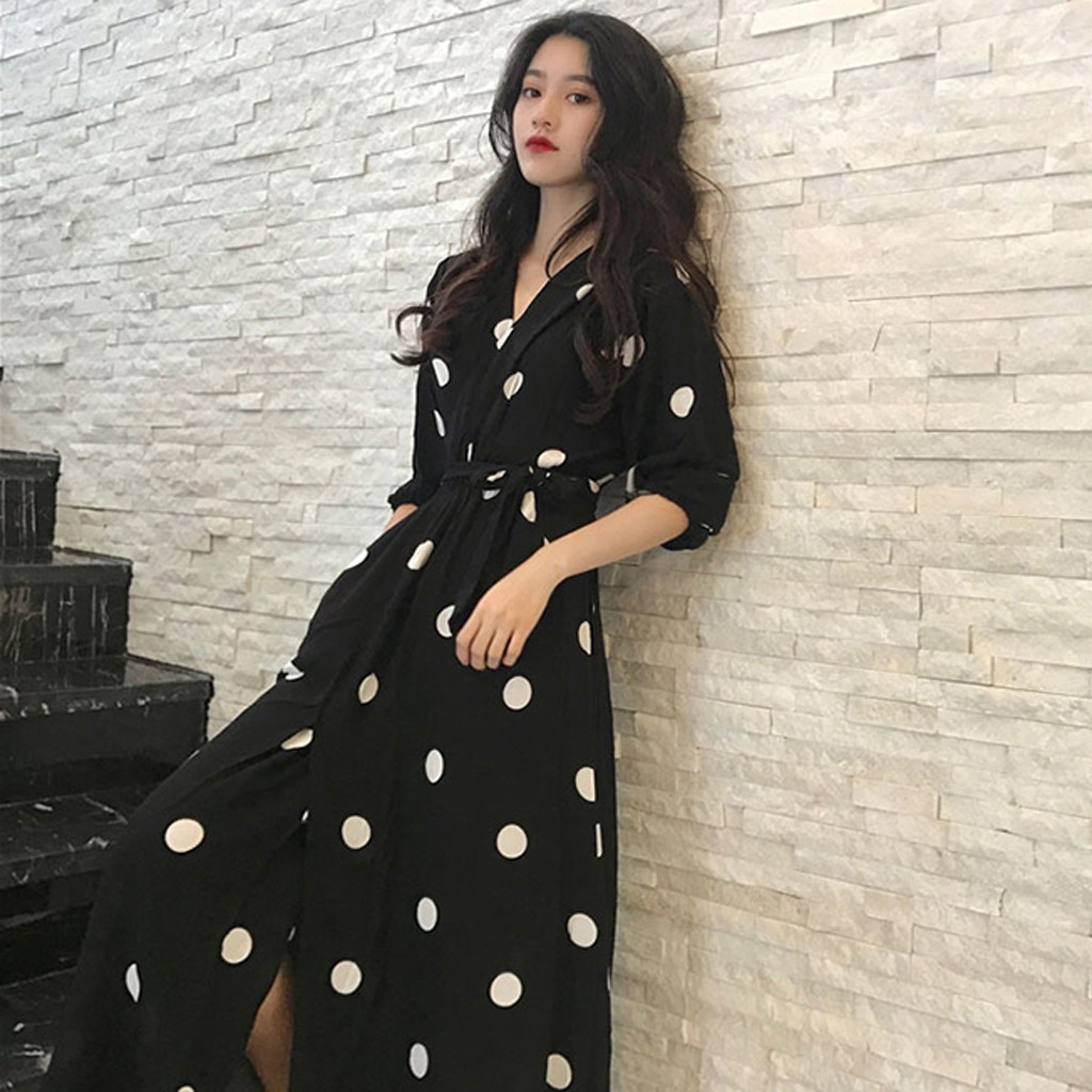 Đầm Maxi tay dài hoạ tiết chấm bi phong cách Hàn Quốc size S-XL