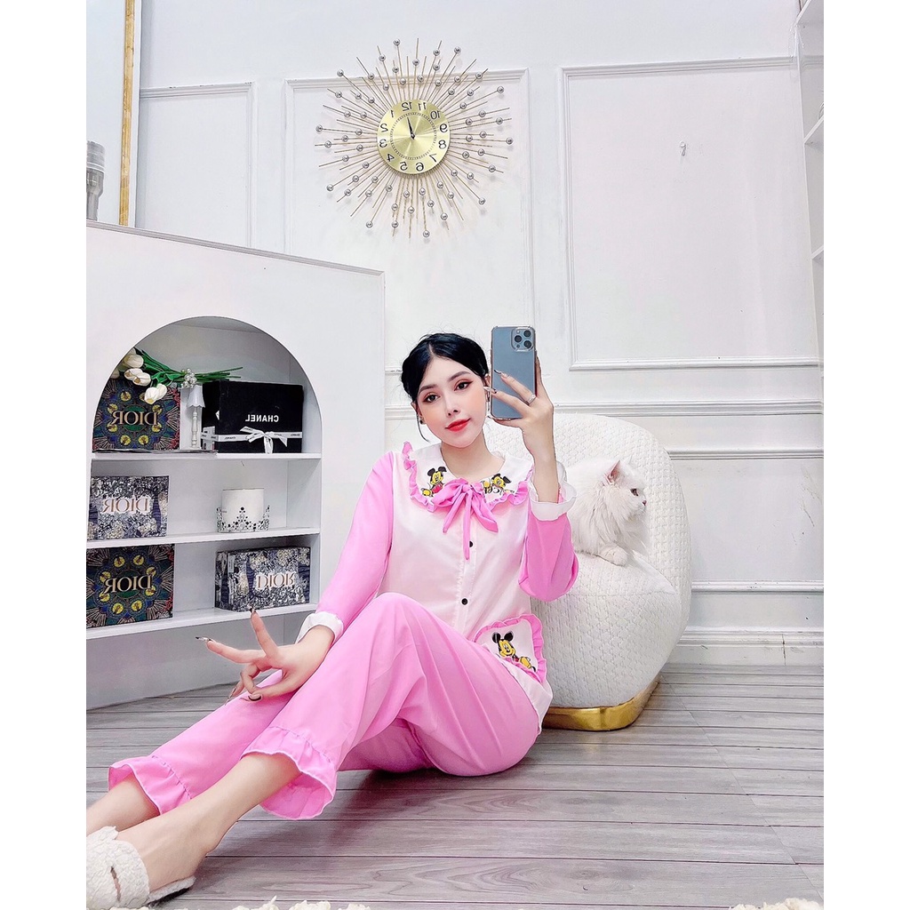Đồ ngủ pijama tay dài có túi 2 bên họa tiết in  hình mickey vải  kate lụa siêu xinh freesize dưới 57kg