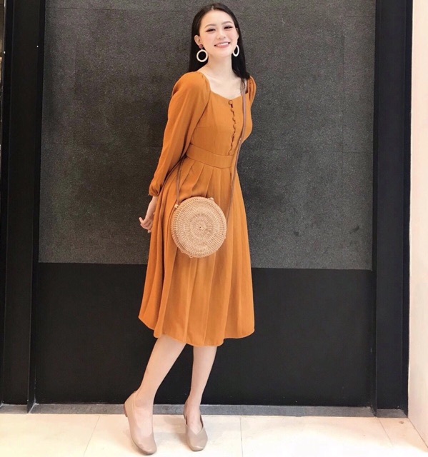 Đầm cam nút bọc xếp li (kèm hình thật) | BigBuy360 - bigbuy360.vn
