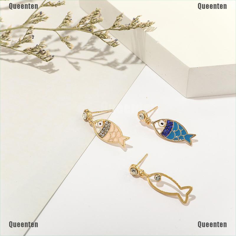 Set 3 bông tai hình con cá đính đá thủy tinh phong cách bohemian cho nữ