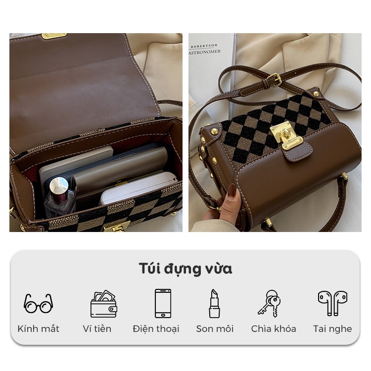Túi hộp đeo chéo nữ đi chơi xách tay cao cấp MUNGA, họa tiết kẻ vuông công sở trẻ trung TMG19