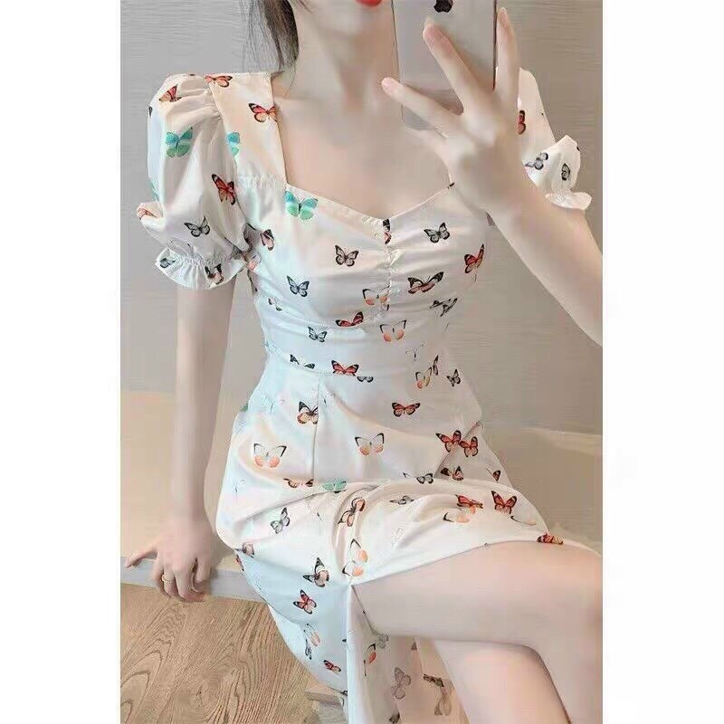 Váy cổ vuông dáng xòe họa tiết bướm , đầm nữ xẻ tà tay phồng nằm trong bộ sưu tập đầm ulzzang hot nhất 2021 | BigBuy360 - bigbuy360.vn