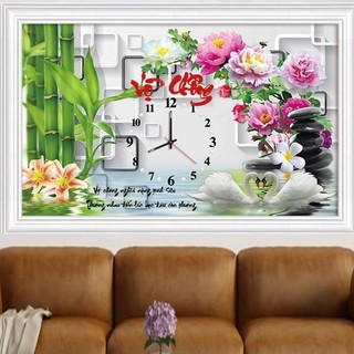 Tranh thêu vợ chồng thiên nga đồng hồ LV3144 - kích thước: 64 * 43cm. (TRANH CHƯA LÀM)