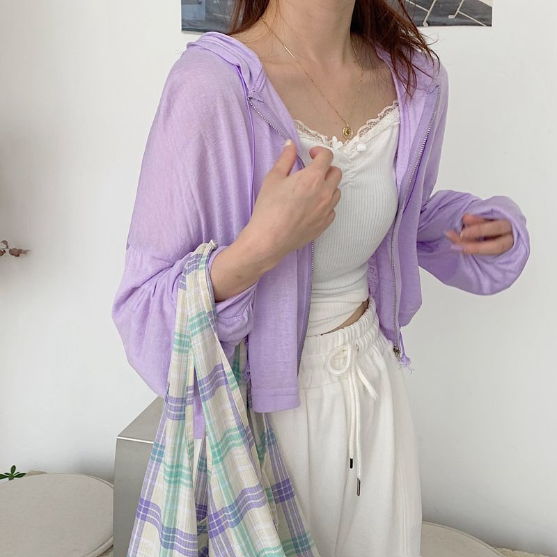 Jiashucheng Áo Khoác Cardigan Mỏng Có Nón Tay Dài Chống Nắng Phong Cách Mới Dành Cho Bạn Nữ Mặc Ngoài Trời