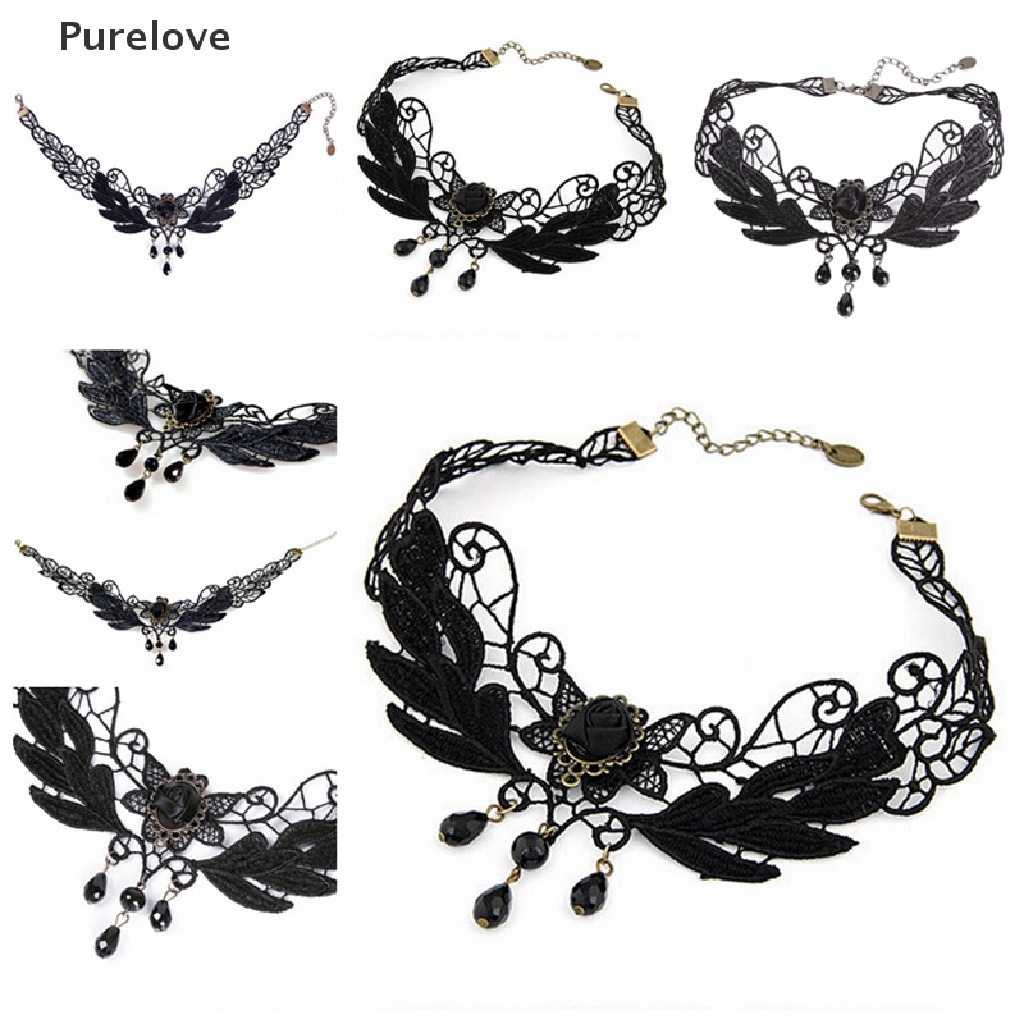 (Purelove) Choker Ren Đính Hạt Màu Đen Hoa Hồng Phong Cách lolita Mới
