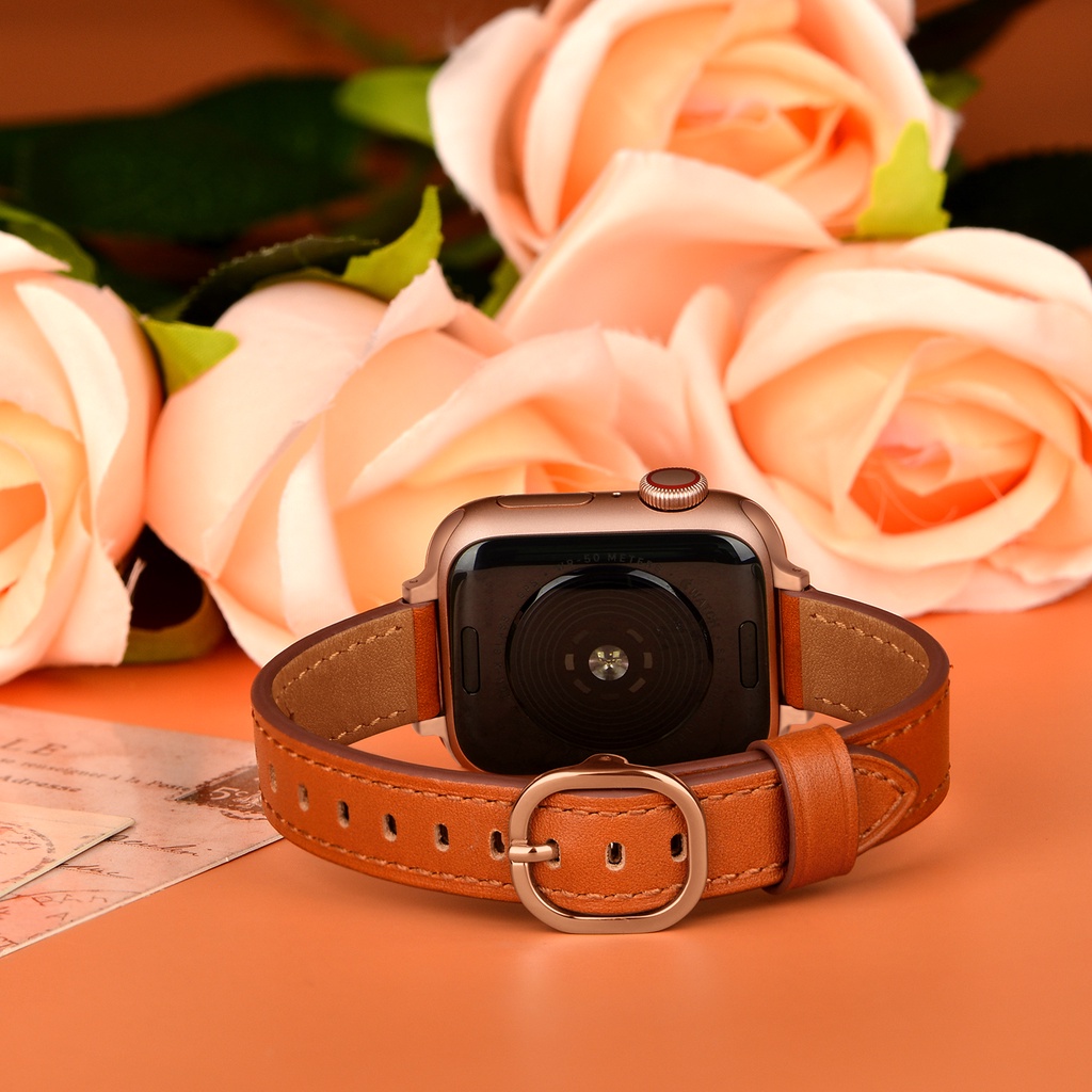 Dây đeo đồng hồ bằng da mỏng sang trọng thích hợp cho Apple Watch Series 7 6 5 SE 4 3 2 44mm 40mm 41mm 42mm 38mm 45mm