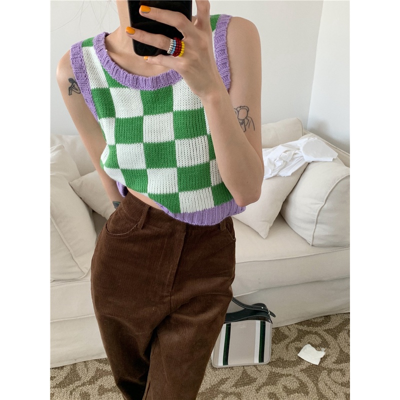 Xiaozhainv Áo Croptop Dệt Kim Không Tay Kẻ Sọc Kiểu Hàn Quốc Thời Trang Dành Cho Nữ