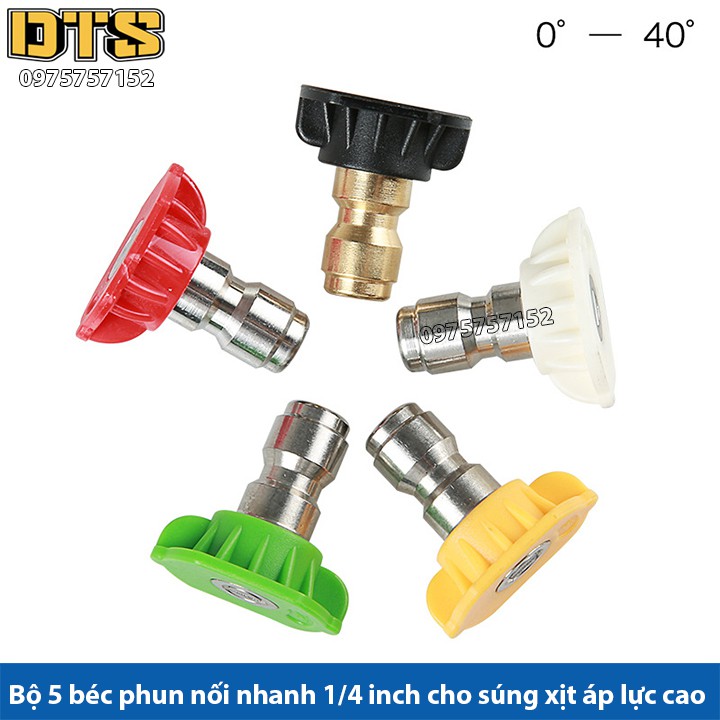 Bộ 5 Béc phun - Đầu béc gắn súng xịt rửa của máy rửa xe áp lực cao - Ren nối nhanh 1/4 inch