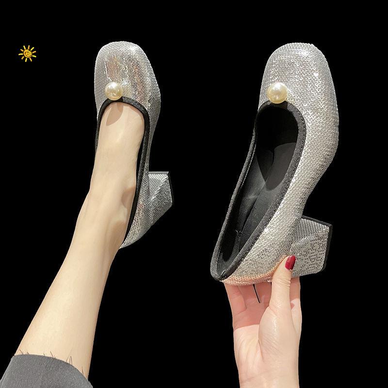 Giày Mũi Vuông Gót Dày Đính Ngọc Trai Phong Cách Thời Trang Xuân Hè Mới 2022 Dành Cho Nữ