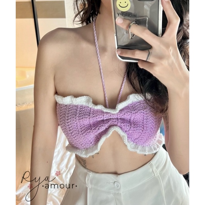 Violet Pearl - Áo croptop nơ, áo len nhún ngực viền bèo , áo thiết kế By Rya.amour handmade