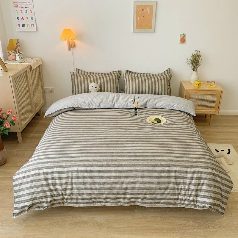 Bộ chăn ga gối Cotton poly Bo Decor Xám sọc vỏ chăn mền drap nệm và 2 vỏ gối