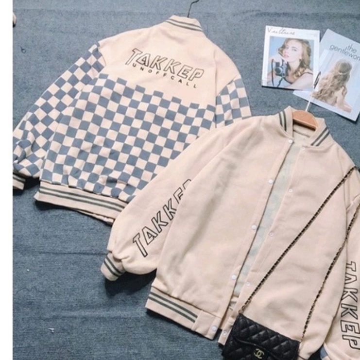 Áo Khoác Bomber Kẻ Caro Nỉ Thêu Chữ TAKKEP