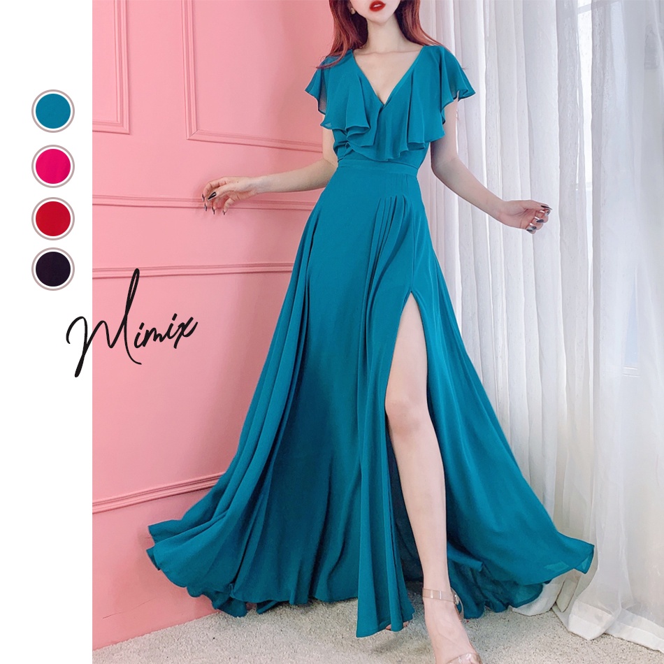 Đầm maxi nữ xẻ tà cổ V xếp ly bên MIMIX BS0220