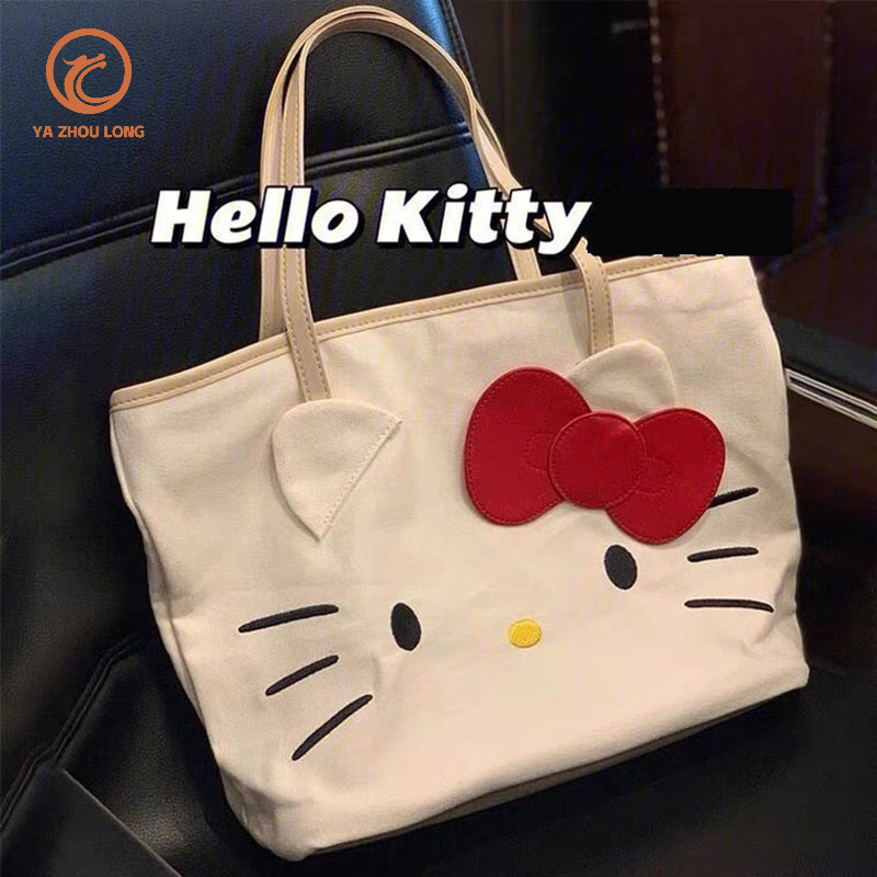 YA ZHOU LONG Túi tote Vải Canvas Cỡ Lớn In Hoạt Hình Mèo hello kitty Dễ Thương Cho Nữ