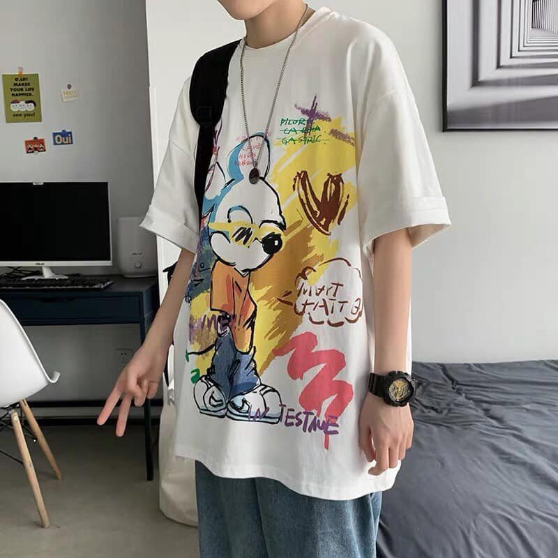 Áo thun tay lỡ nam nữ, áo phông unisex form rộng chất cotton mát mịn thấm hút mồ hôi in hình hoạt hình SIB111