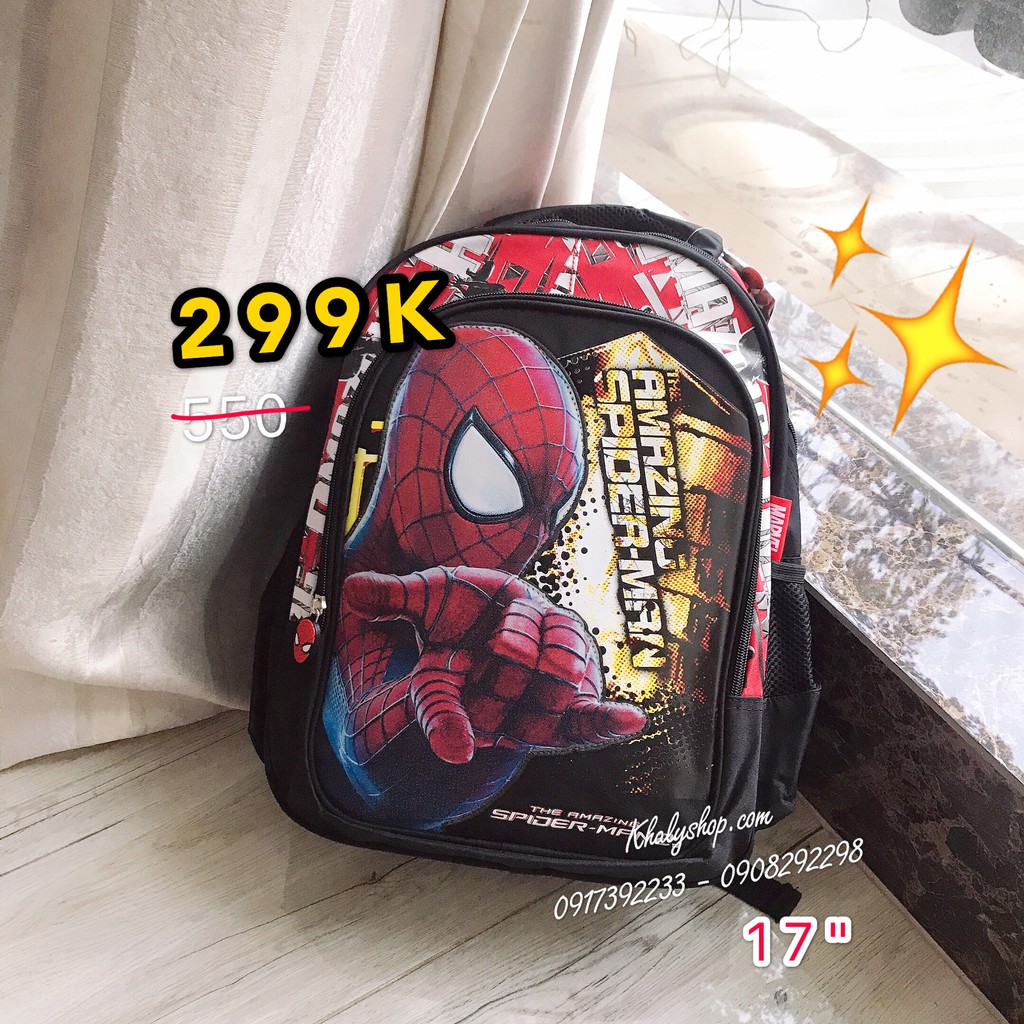 Balo trẻ em 17'' hình người nhện Spiderman Amazing bún tay màu đỏ đen dành cho học sinh ,bé trai - BLSP17DD (33x15x40cm)