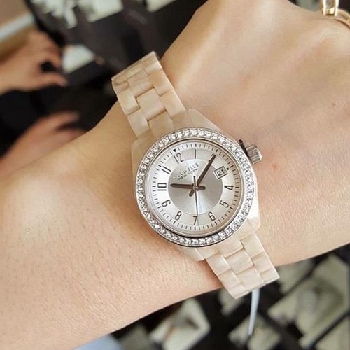 Đồng Hồ Nữ Caravelle 43M109 trắng củ đậu viền đính đá (Size 28mm)