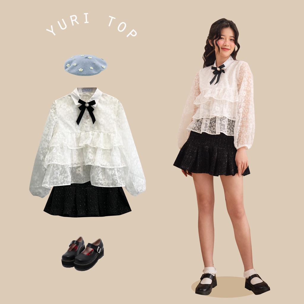 BLEUBIRD Áo voan organza in hoa rúm bèo tầng Yuri Shirt