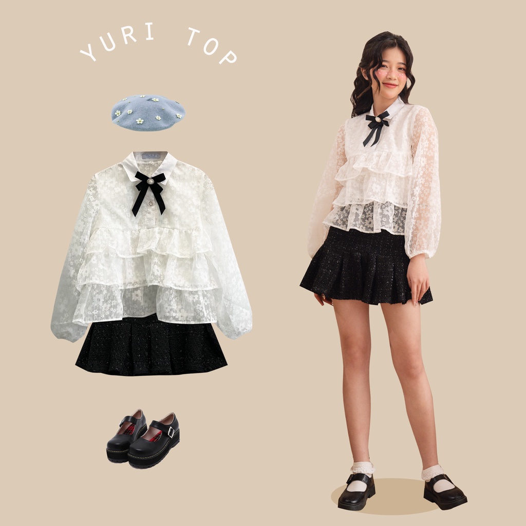 [Tặng kèm nơ cài] BLEUBIRD Áo voan organza in hoa rúm bèo tầng Yuri Shirt