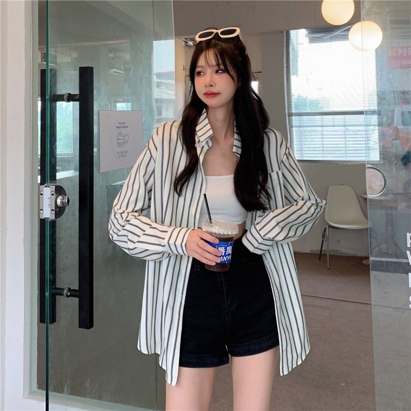 Áo Sơ Mi Tay Dài Họa Tiết Sọc Theo Phong Cách Preppy Dễ Phối Đồ