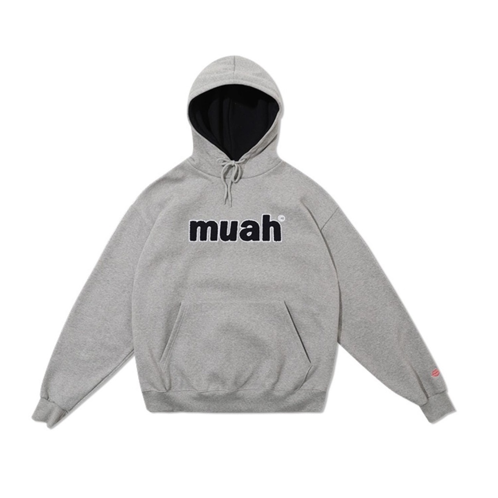 Áo hoodie Muah muah thêu logo  xuất Hàn màu xám dây kéo Unisex nam nữ