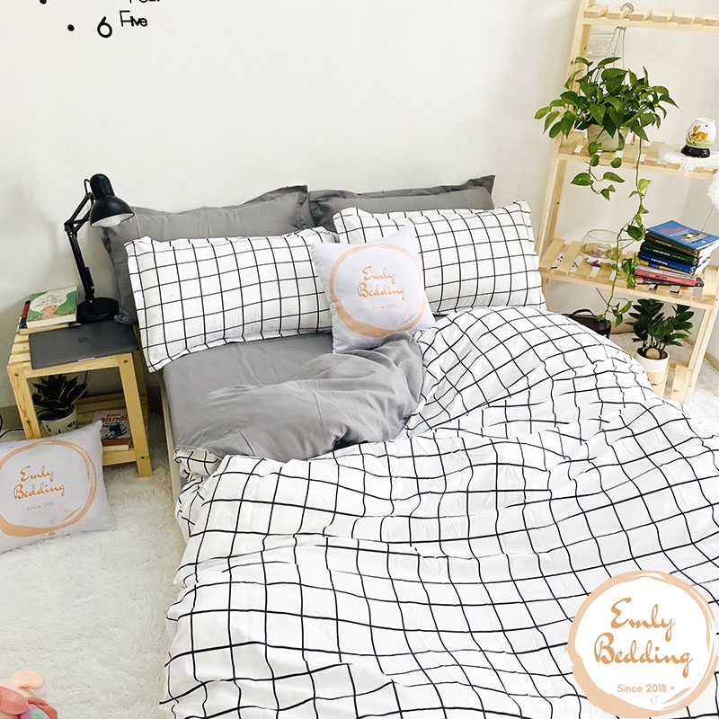 Bộ Chăn Ga Gối Cotton Poly Emly Bedding - Mẫu karo trắng | BigBuy360 - bigbuy360.vn