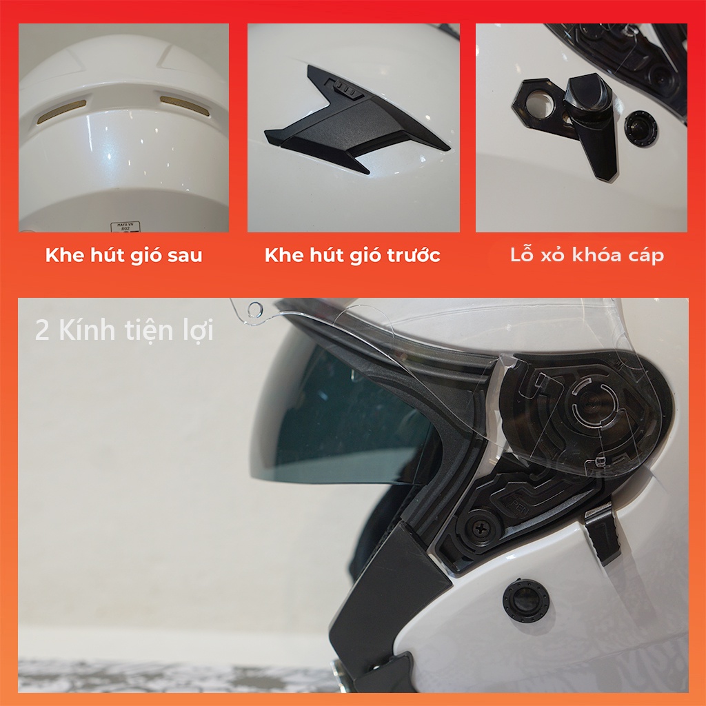 Mũ bảo hiểm 3/4 (2 kính) ROC R02 tem tiger cam (tặng khóa mũ bảo hiểm)