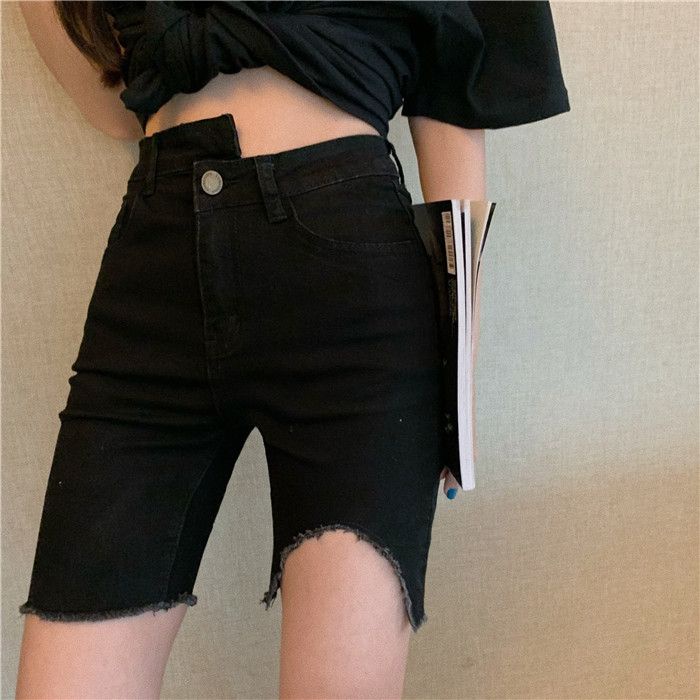 Quần Short Denim Màu Đen Lưng Cao Dáng Ôm Rách Cá Tính Cho Nữ