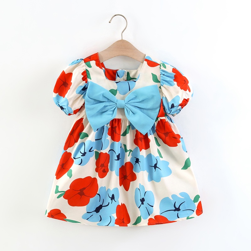 Đầm Công Chúa Cổ Vuông Đính Nơ In Hoa Chất Liệu Cotton Thoải Mái Thời Trang Mùa Hè Cho Bé Gái
