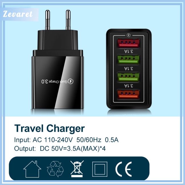 Củ Sạc Zevaret 12w 4 Cổng Usb 3a Phích Cắm Us / Eu / Uk Màu Đen Chất Lượng Cao