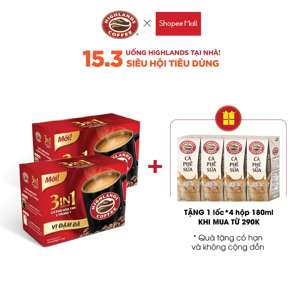 Combo 2 hộp Cà phê Highlands coffee 3in1 hòa tan (20 gói/hộp x 17g/gói)