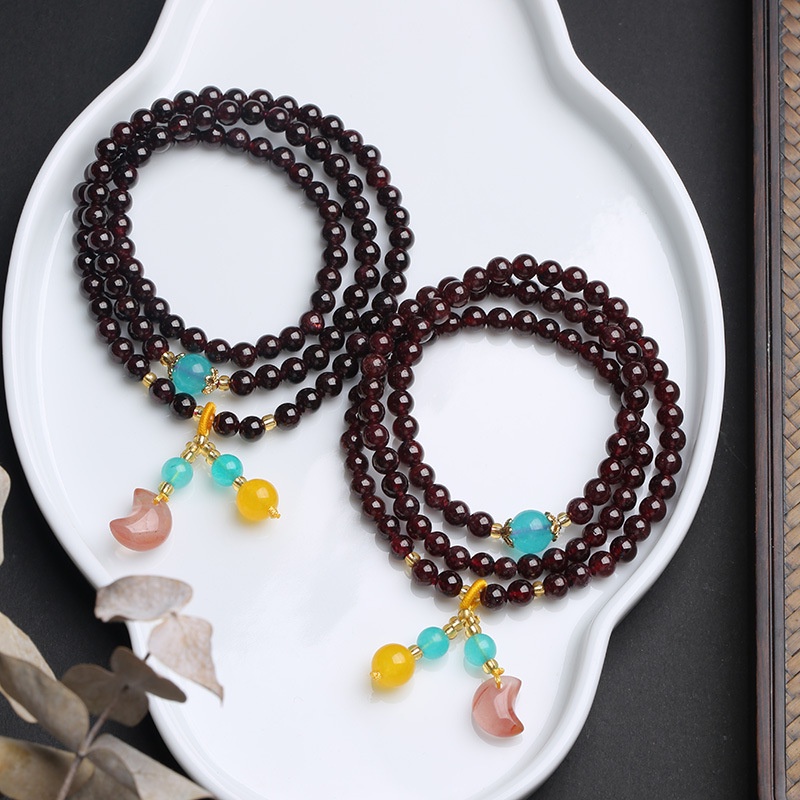 [Hàng Mới Về] Vòng Tay Đính Đá Pha Lê Mặt Trăng Ba Vòng Màu Đỏ Phong Cách Nam Tính Thời Trang Mùa Hè