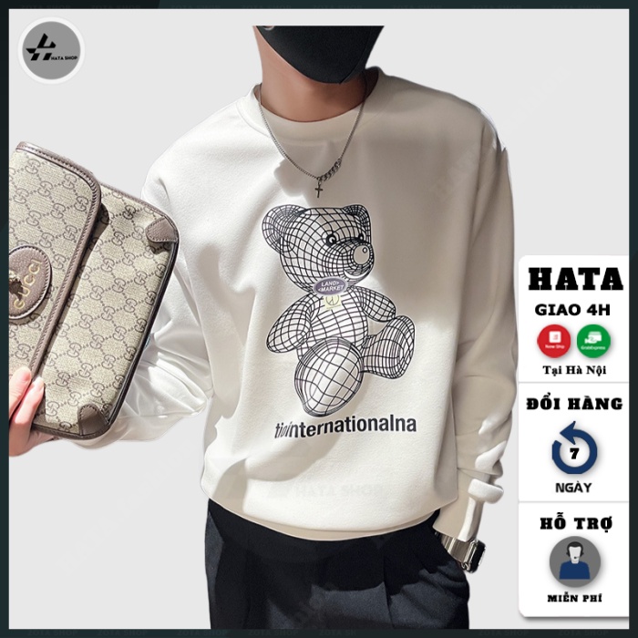 Áo sweater nam dáng ôm, Áo thu đông nam cổ tròn HATA chất đẹp in Gấu 3D mã NZ689