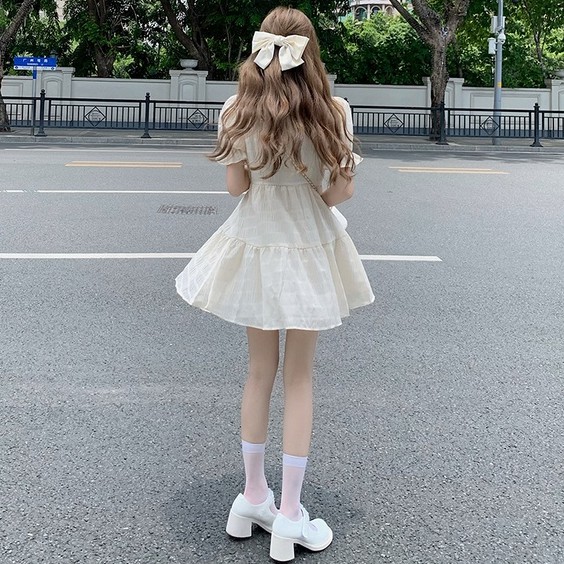 44769 Đầm chữ A lưng cao kiểu xếp ly thời trang mới mẻ cho nữ