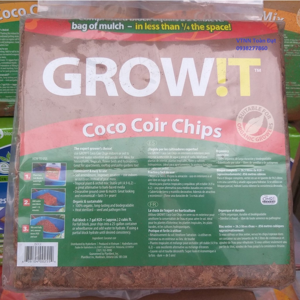 Mụn dừa GROW!T Coco Coir Chips, xơ dừa Grow !T, Hàng xuất khẩu Châu Âu, Mỹ, Canada - Giá thể trồng cây