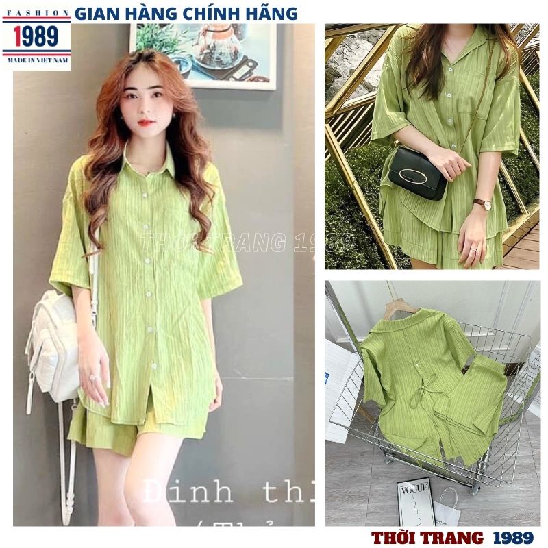 Sét Bộ Đũi Gân sước Buộc Nơ Lưng- đồ bộ áo sơ mi cộc tay lỡ phối cúc quần short lưng cao màu xanh cốm phong cách ulzzang