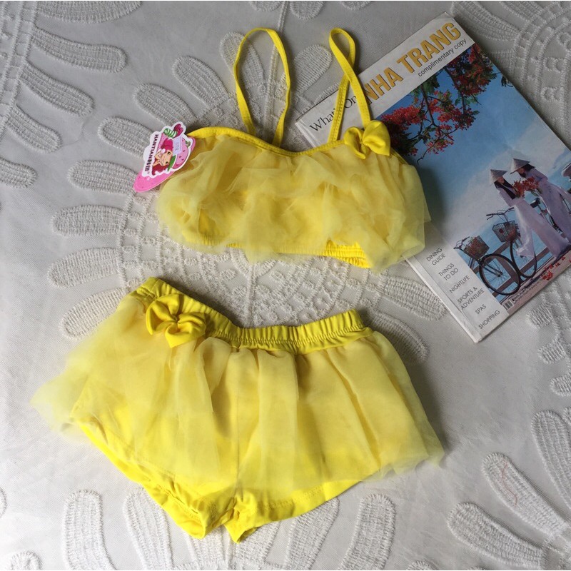 Bikini Bộ Bơi Đồ Bơi Bé Gái 2 Mảnh Rời Bèo Voan Đính Nơ Xinh Xắn Size M  - Hàng Nhập Quảng Châu