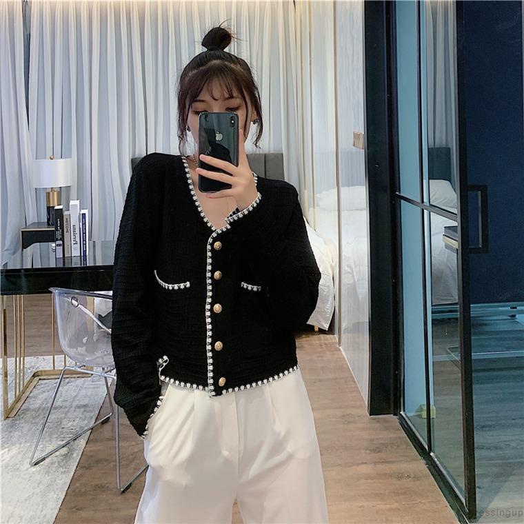 Áo croptop dệt kim tay dài cổ chữ V dáng rộng cài nút kiểu retro cho nữ