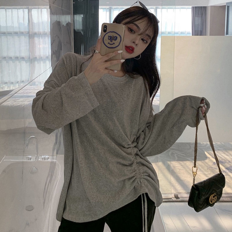 Áo Thun Tay Dài Phối Dây Rút Phong Cách Hong Kong Thời Trang Cho Nữ