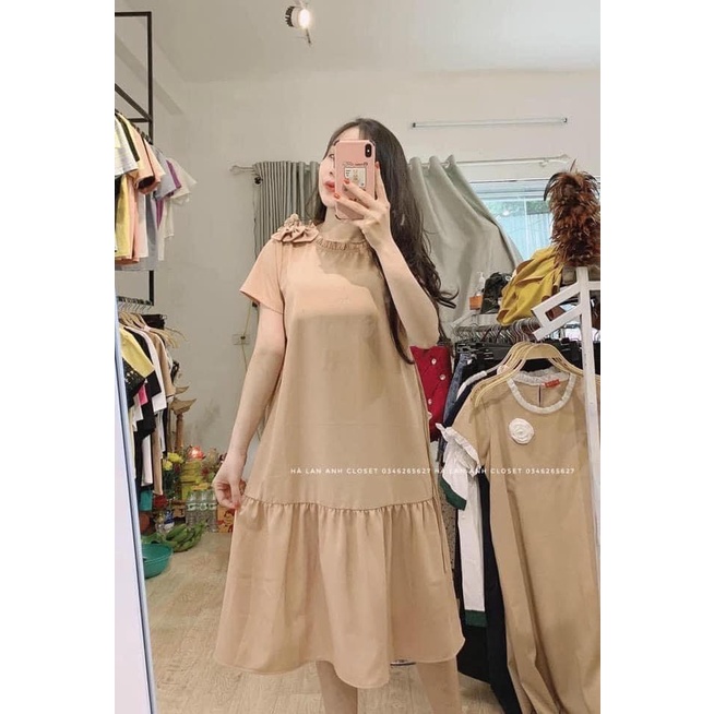 xả Váy bầu thiết kế dáng dài phối nơ vai sang chảnh