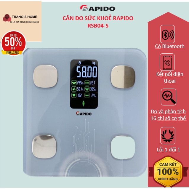 Cân sức khỏe điện tử RAPIDO RSB02-S, đo cân nặng, lượng mỡ, có bluetooth kết nối điện thoại phân tích chỉ số cơ thể