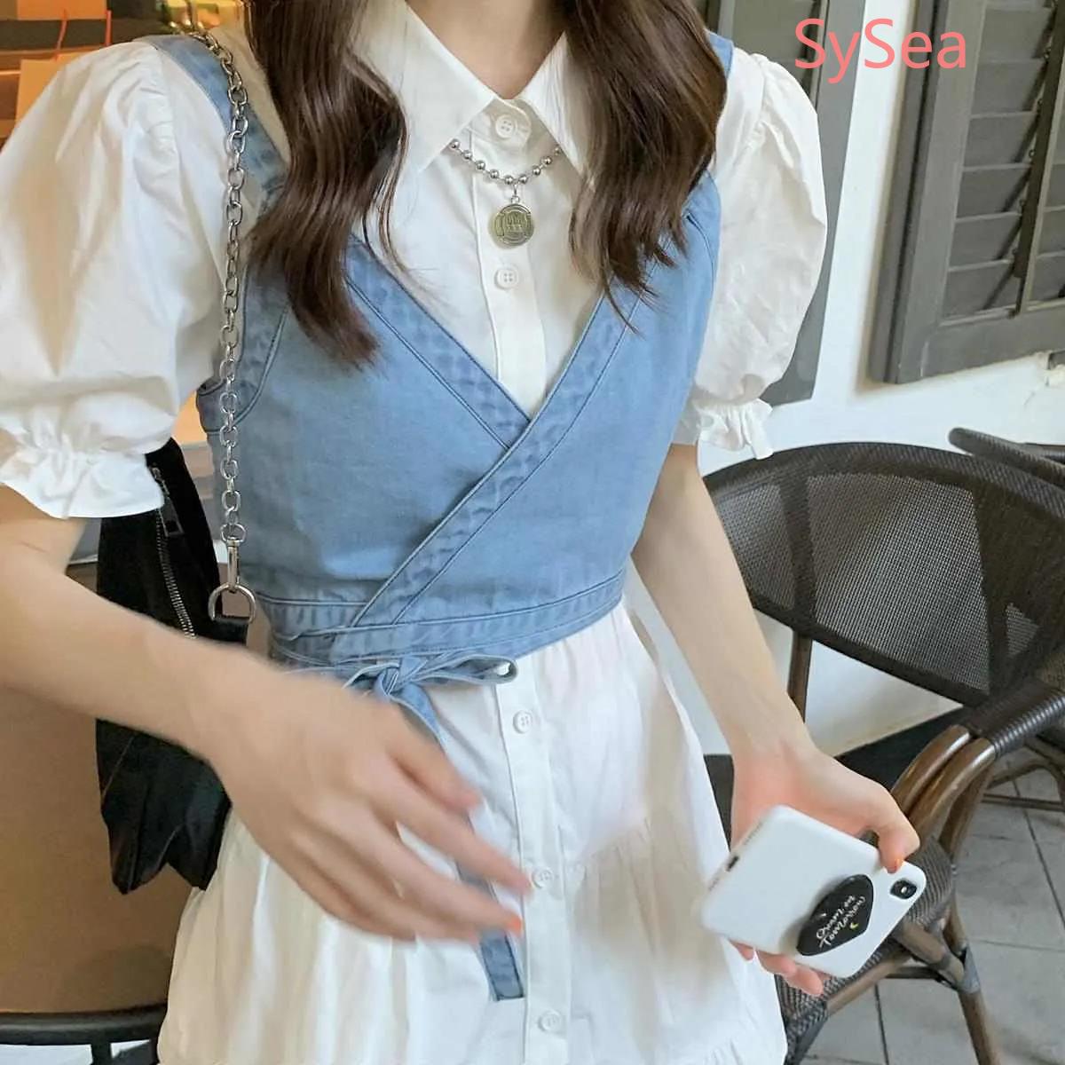 Đầm tay phồng/Áo hai dây vải denim kiểu retro xinh xắn cho bạn gái | BigBuy360 - bigbuy360.vn