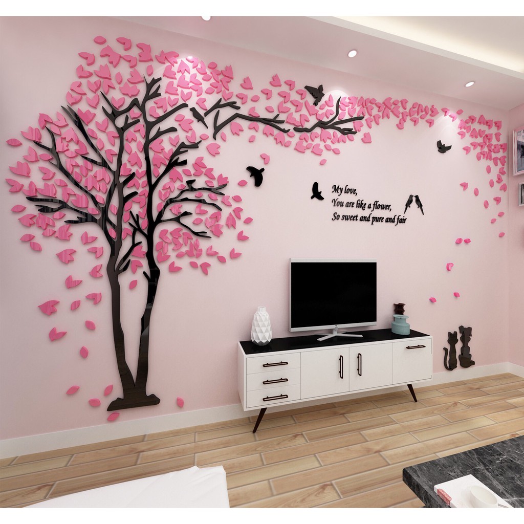 Decal dán tường mica 3D - [SIZE LỚN] Cây tình nhân xanh, hồng, vàng, tím,  tranh trang trí phòng khách, phòng ngủ