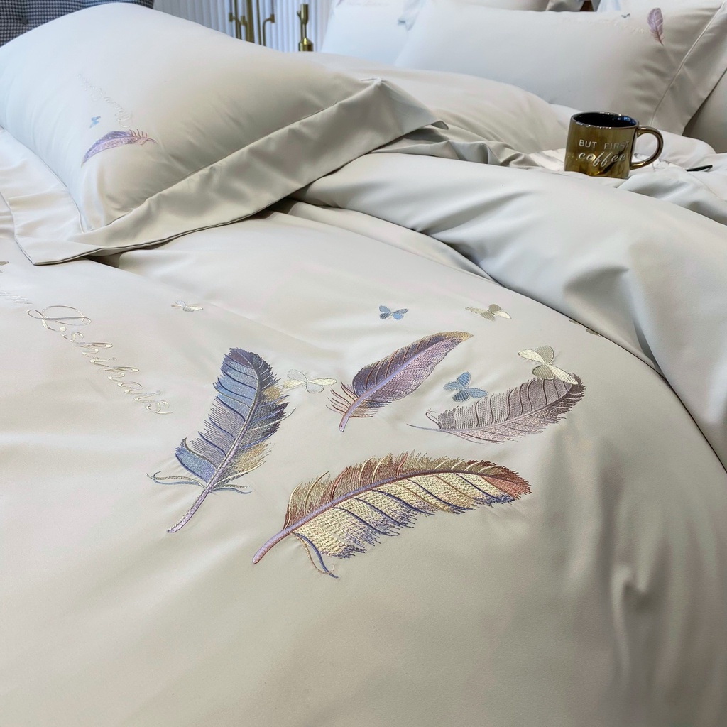 Bộ chăn ga gối Cotton 100% họa tiết thêu lông vũ sang trọng, chất liệu nhập khẩu cao cấp mềm mịn thoáng mát - Bông.Decor
