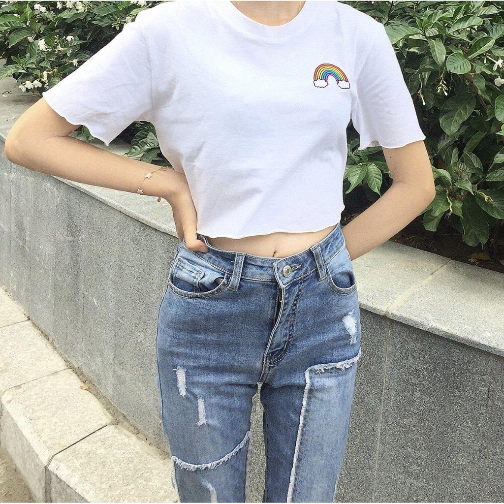 Áo Thun Croptop Thêu Hình Bảy Sắc Cầu Vòng Xinh Xắn EVA AO 10303