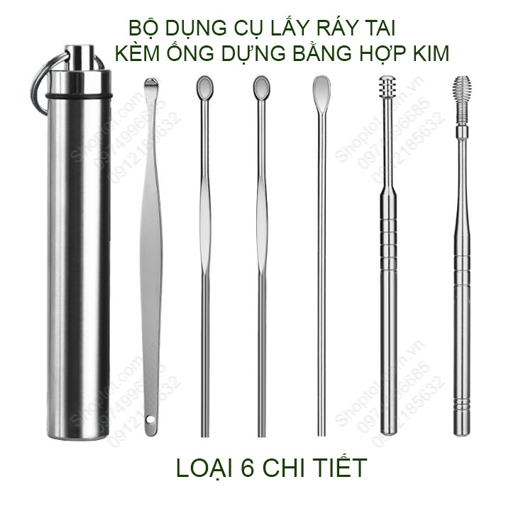 Bộ dụng cụ lấy ráy tai có ống đựng tiện dụng bằng hợp kim nhôm, loại 6-7 món tùy chọn