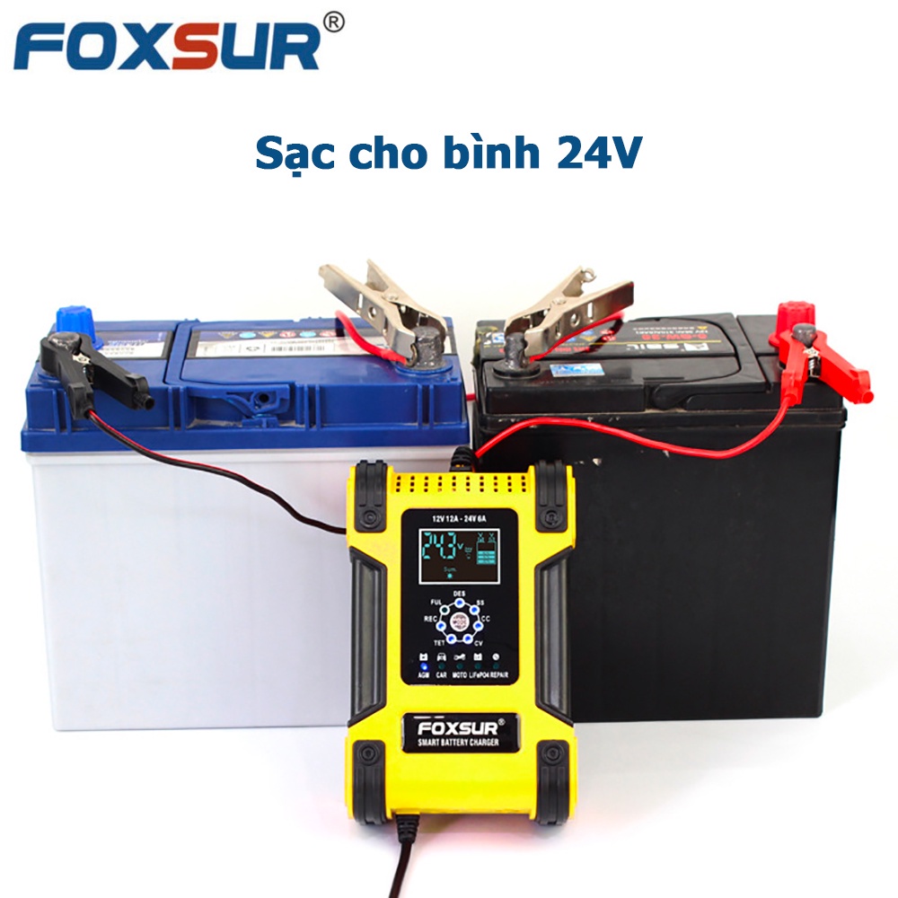 Sạc bình ắc quy 12V 24V 6Ah - 200Ah FOXSUR 12A sạc pin sắt LiFePO4 tự ngắt khi đầy khử sunfat khôi phục ắc quy